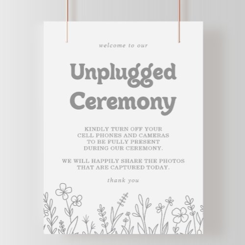 Minimal Gray Wildflower Unplugged Ceremony Sign