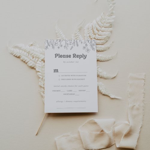 Minimal Gray Wildflower Wedding Menu Choice RSVP