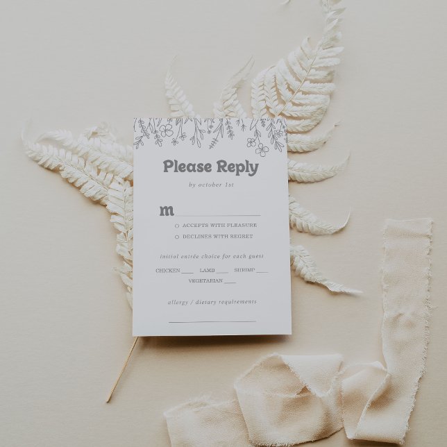 Minimal Gray Wildflower Wedding Menu Choice RSVP (Creator Uploaded)