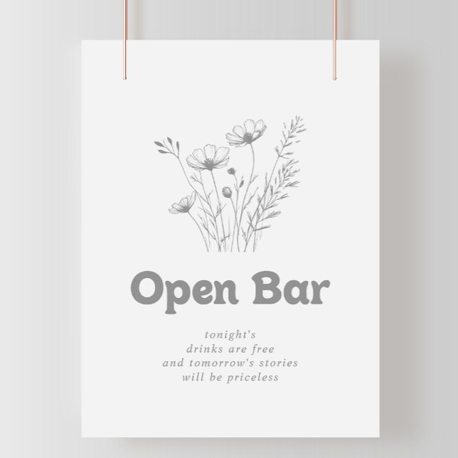 Minimal Gray Wildflower Wedding Open Bar Sign (Creator Uploaded)