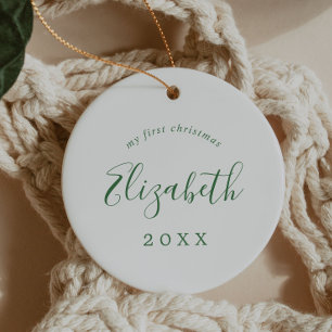 Minimal Green Baby's First Christmas Newborn Photo Ceramic Ornament