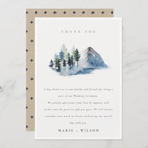 Minimal Green Blue Pine Woods Mountain Wedding Thank You Card