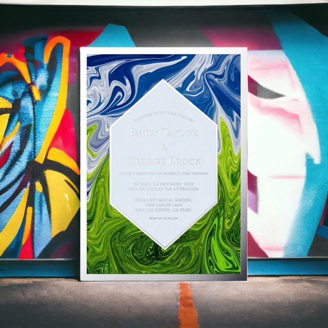 Minimal Green Blue Sky Landscape Abstract Wedding Foil Invitation (Creator Uploaded)