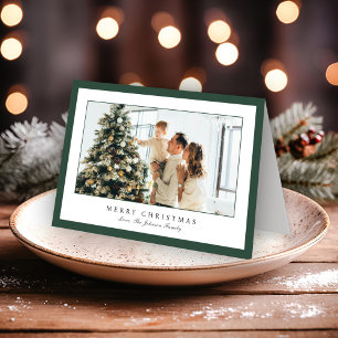Minimal Green Border Photo Elegant Christmas Holiday Card