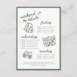 Minimal Green Camp Bachelorette Weekend Itinerary Enclosure Card