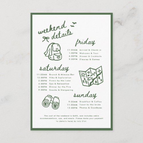 Minimal Green Camp Bachelorette Weekend Itinerary Enclosure Card