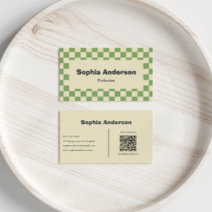 Minimal Green Checkerboard Border - Qr Code Business Card