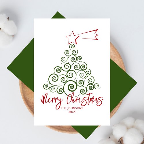 Minimal Green Christmas Tree Red Star Clean Simple Holiday Card