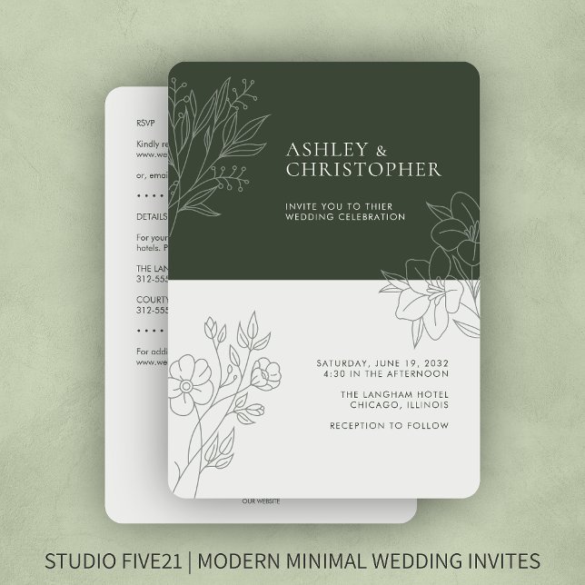 Minimal Green Foliage Outline All-in-One Wedding Invitation (Creator Uploaded)