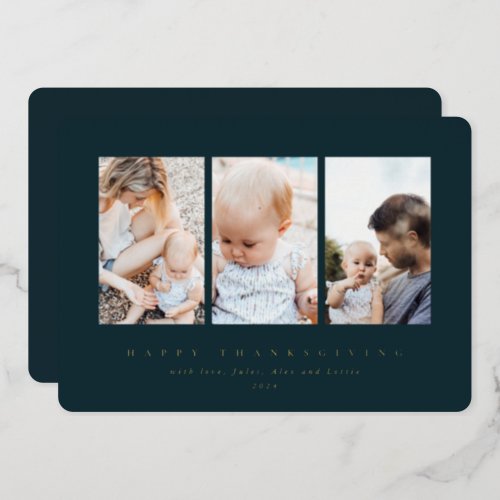 Minimal Green Frame 3 Photo Happy Thanksgiving Foil Holiday Card