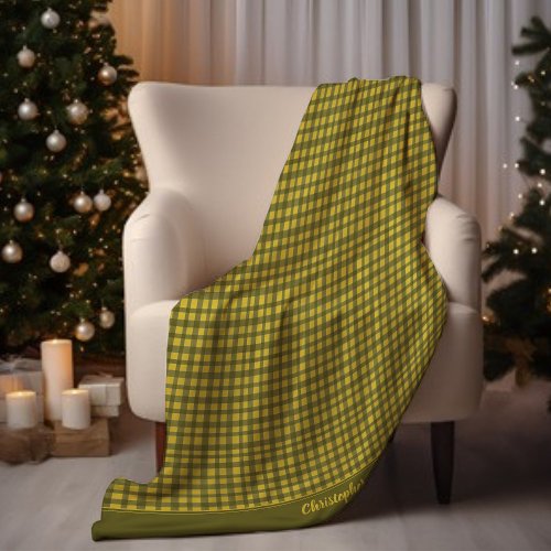 Minimal Green Gingham Plaid Add Name Christmas Fleece Blanket