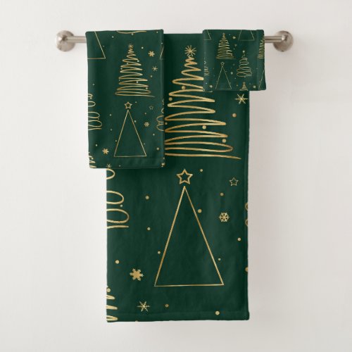 Minimal Green Gold Christmas Tree Bath Towel Set