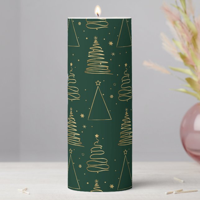 Minimal Green Gold Christmas Tree Pillar Candle (In Situ)