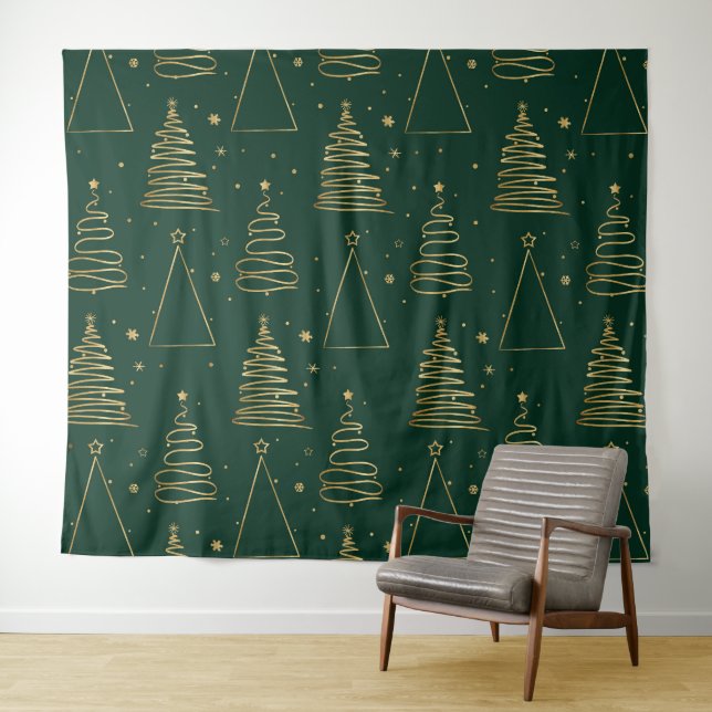 Minimal Green Gold Christmas Tree Tapestry (In Situ (Horizontal))