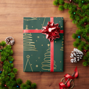 Minimal Green Gold Christmas Tree Wrapping Paper
