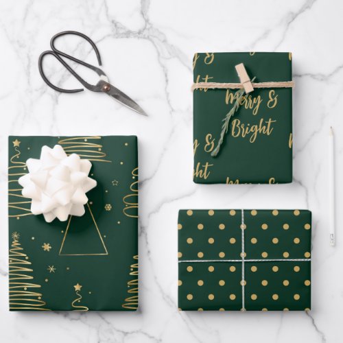 Minimal Green Gold Christmas Tree Wrapping Paper Sheets