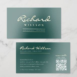 Minimal Green & Gold Lawyer Accountant QR Code Foil Business Cards