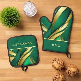 minimal green & gold stripes oven mitt & pot holder set