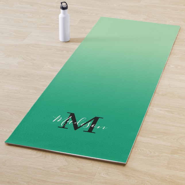 Minimal Green Gradient Monogram Script Name Yoga Mat (In Situ)