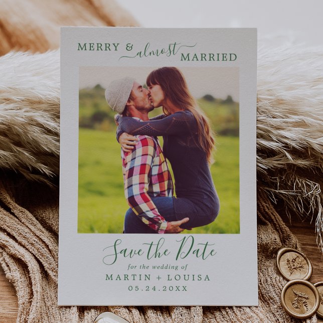 Minimal Green Merry & Almost Married Save the Date Holiday Card