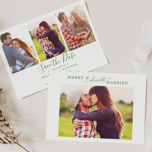Minimal Green Merry Almost Married Save the Date Holiday Card