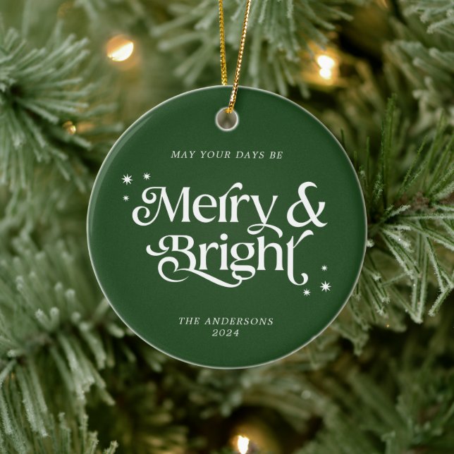 Minimal Green Merry & Bright Photo Christmas Ceramic Ornament (Tree)