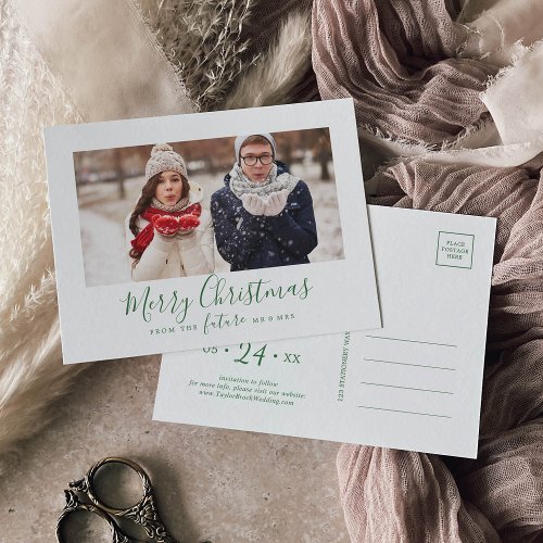 Minimal Green Merry Christmas Save the Date Photo Holiday Postcard