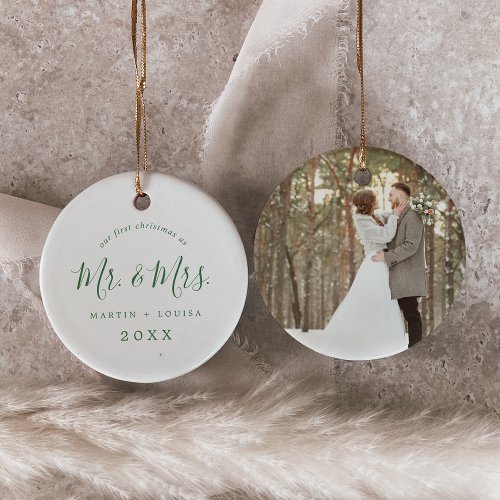 Minimal Green Newlywed 1st Christmas Wedding Photo Ceramic Ornament