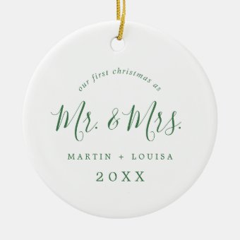 Minimal Green Newlywed 1st Christmas Wedding Photo Ceramic Ornament ...