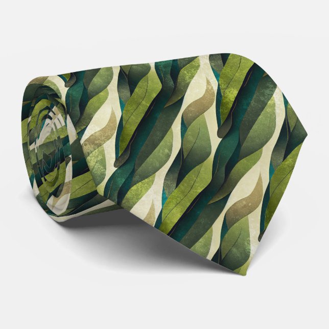 Minimal Green Olive Abstract Deco Pattern Neck Tie (Rolled)