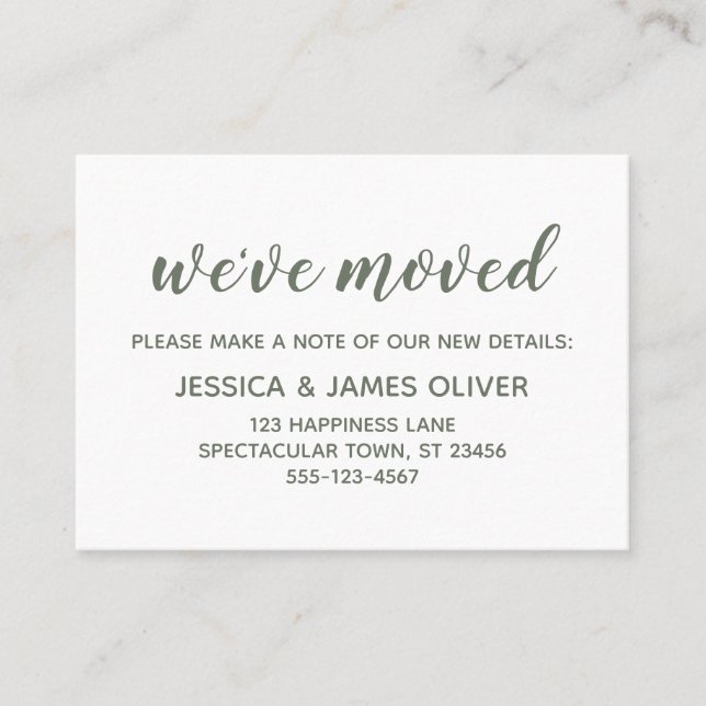Minimal Green on White "We've Moved" Card (Front)