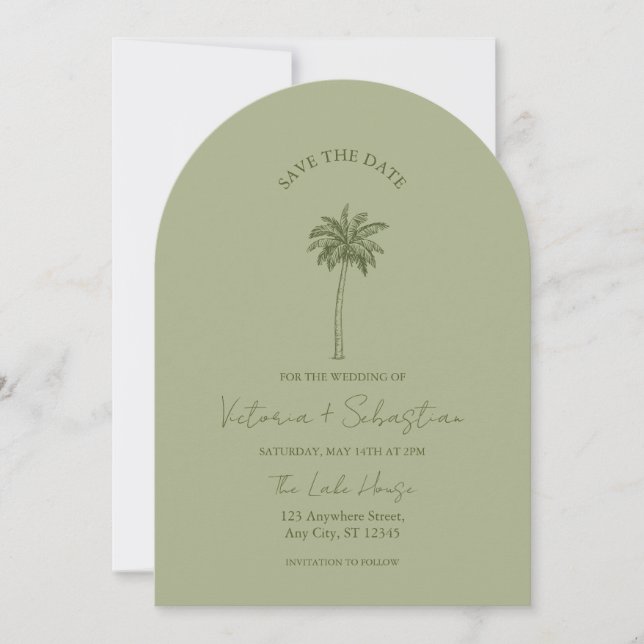 Minimal Green Palm Tree Beach Save The Date Invitation (Front)