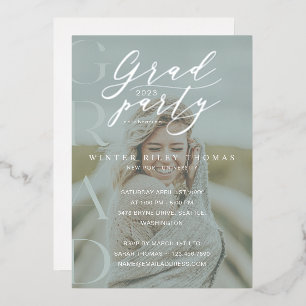 Minimal Green Photo Grad Party Modern Calligraphy Foil Invitation