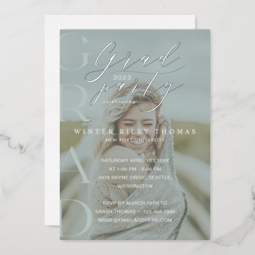 Minimal Green Photo Grad Party Modern Calligraphy Foil Invitation