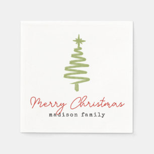 Minimal Green & Red Christmas Tree Family Holiday Napkins