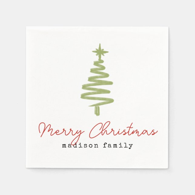 Minimal Green & Red Christmas Tree Family Holiday Napkins (Front)