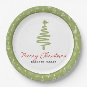 Minimal Green & Red Christmas Tree Family Holiday Paper Plates