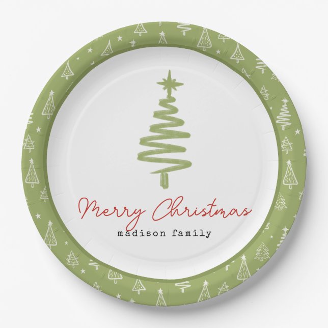 Minimal Green & Red Christmas Tree Family Holiday Paper Plates (Front)
