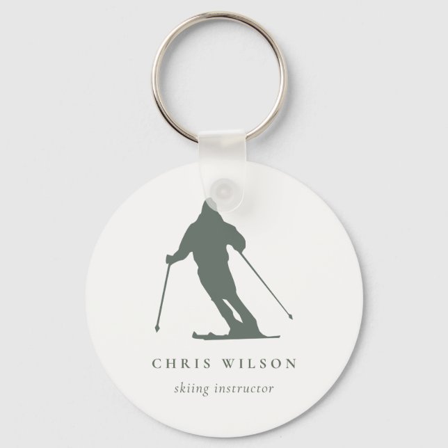 Minimal Green Skiing Silhouette Instructor Coach Keychain (Front)
