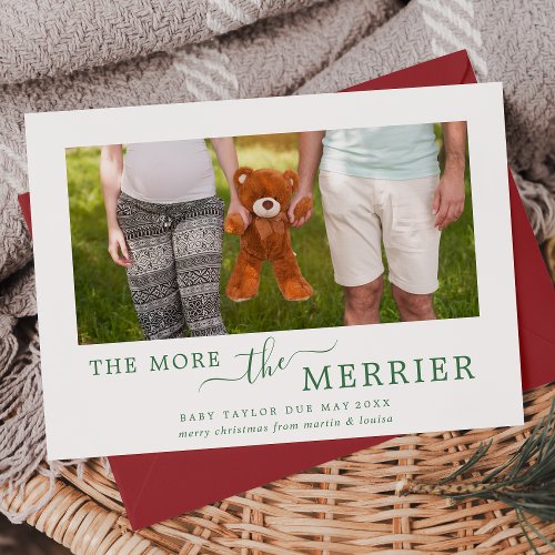 Minimal Green The More The Merrier Pregnancy Photo Holiday Card