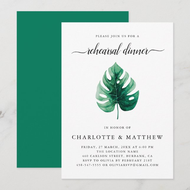 Minimal Green Tropical Leaf  Rehearsal Dinner Invitation (Front/Back)