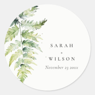 Minimal Green Watercolor Fern Foliage Wedding Classic Round Sticker