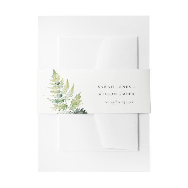 Minimal Green Watercolor Fern Foliage Wedding Invitation Belly Band (Front Example)