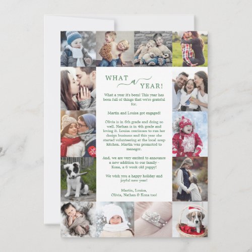 Minimal Green What A Year Photo Collage Christmas Holiday Card