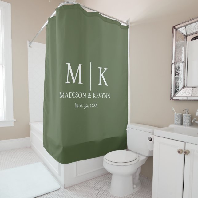 Minimal & green & White Monogram Wedding Shower Curtain (In Situ)