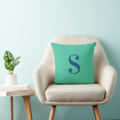 Minimal Green with Large Blue Monogram Throw Pillow