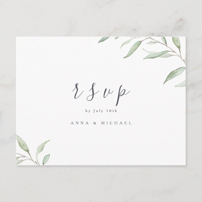 Minimal greenery botanical rustic wedding RSVP Invitation Postcard (Front)