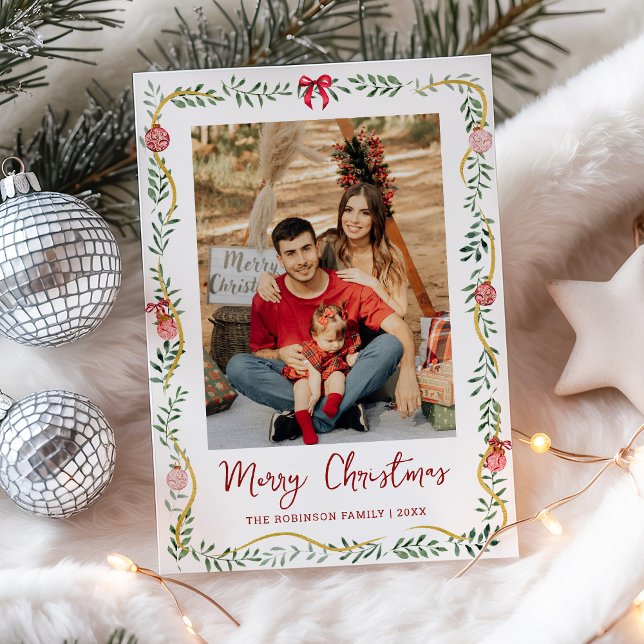 Minimal Greenery & Bows Merry Christmas 1 Photo Holiday Card (Creator Uploaded)