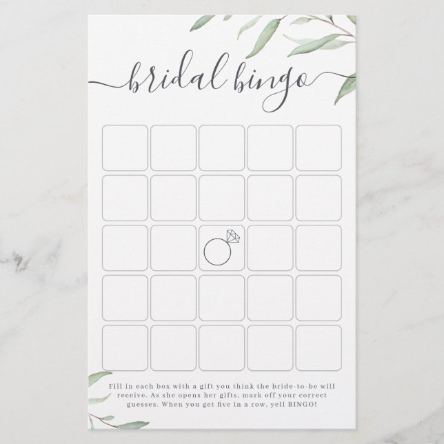 Minimal greenery bridal shower bingo game (Front)