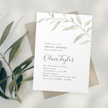 Minimal Greenery Calligraphy Rustic Bridal Shower Invitation by AvaPaperie at Zazzle